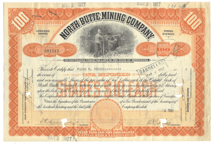 North Butte Mining Company stock certificate from 1926 with a person at a mining site illustration.