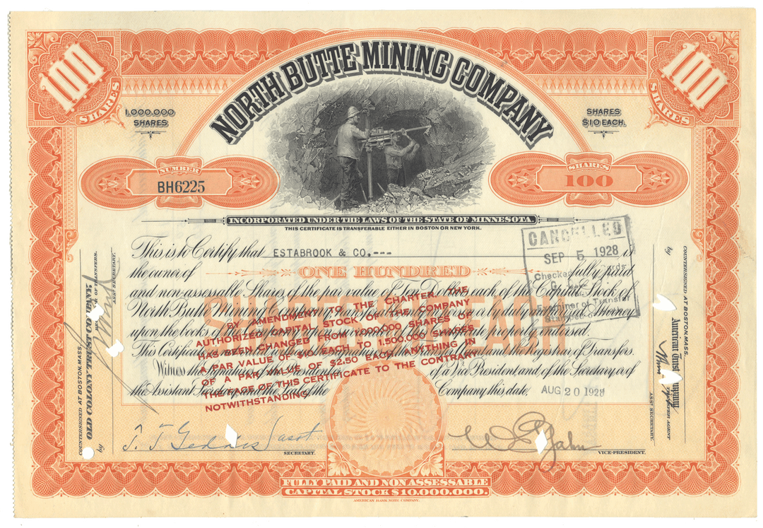 Vintage stock certificate for North Butte Mining Company