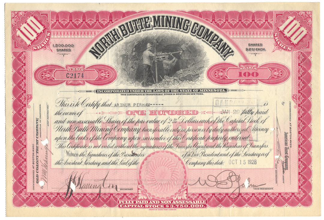 Vintage stock certificate for North Butte Mining Company from 1928