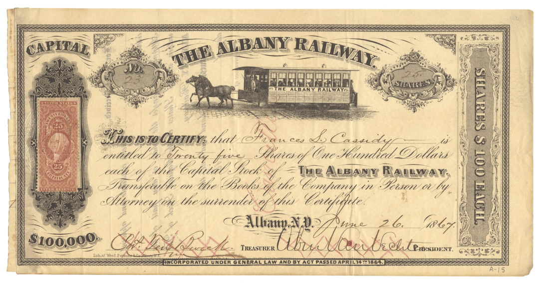 Capital stock certificate of The Albany Railway with horse-drawn trolley illustration dated 1867