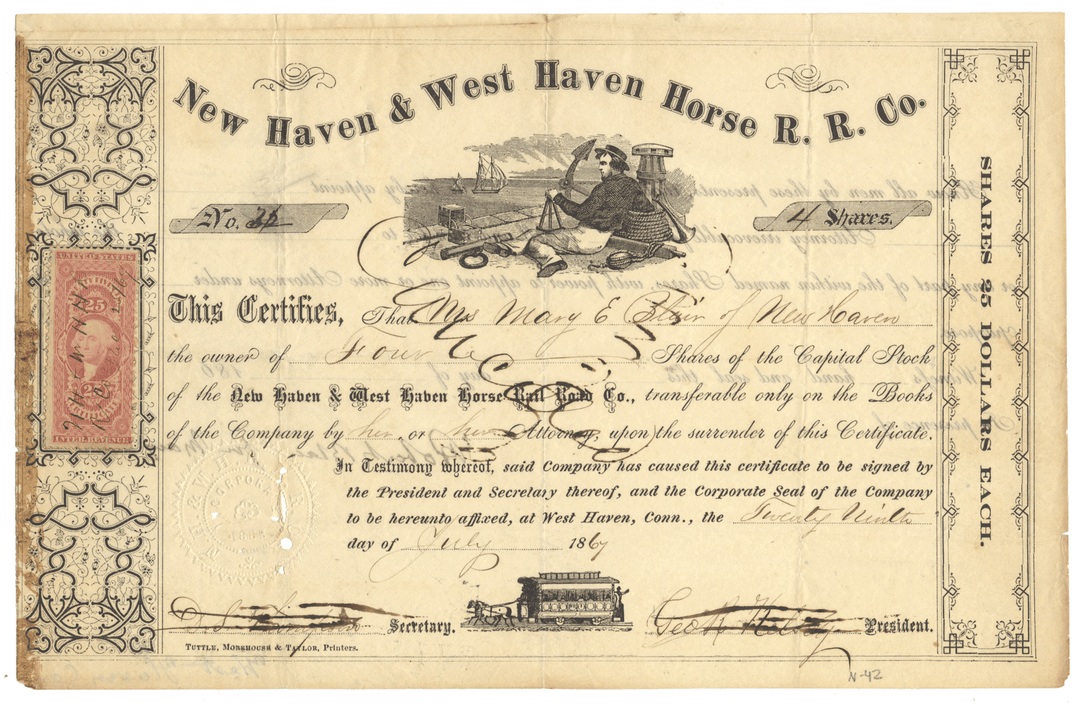 Vintage stock certificate for New Haven & West Haven Horse R. R. Co. with decorative elements and text.