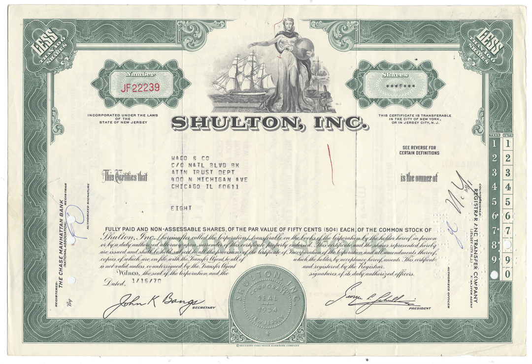 Shulton, Inc. stock certificate with clipper ship illustration