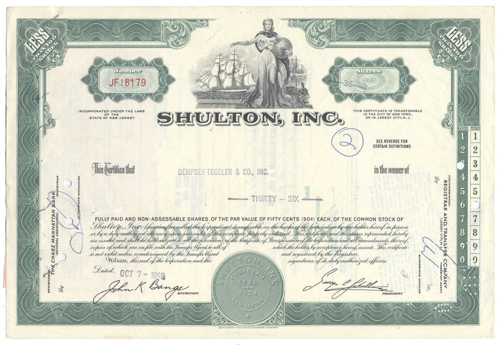 Shulton, Inc. Stock Certificate Stock Certificate