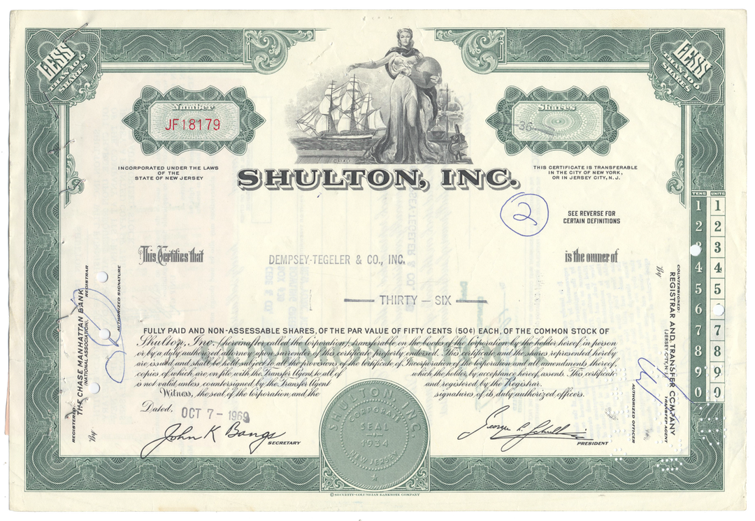 Shulton, Inc. Stock Certificate Stock Certificate