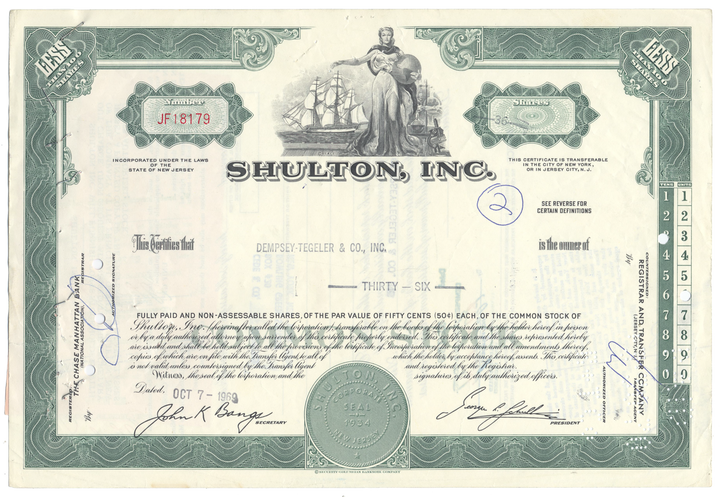 Shulton, Inc. Stock Certificate Stock Certificate