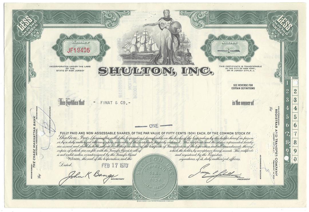 Shulton, Inc. stock certificate with decorative elements and text