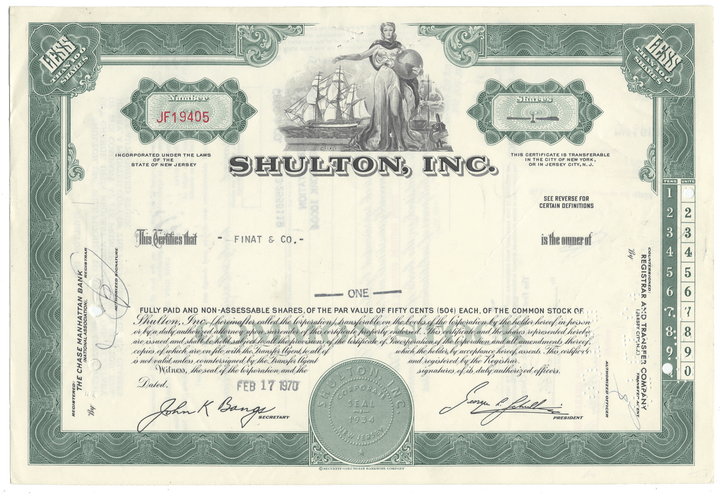 Shulton, Inc. stock certificate with decorative elements and text