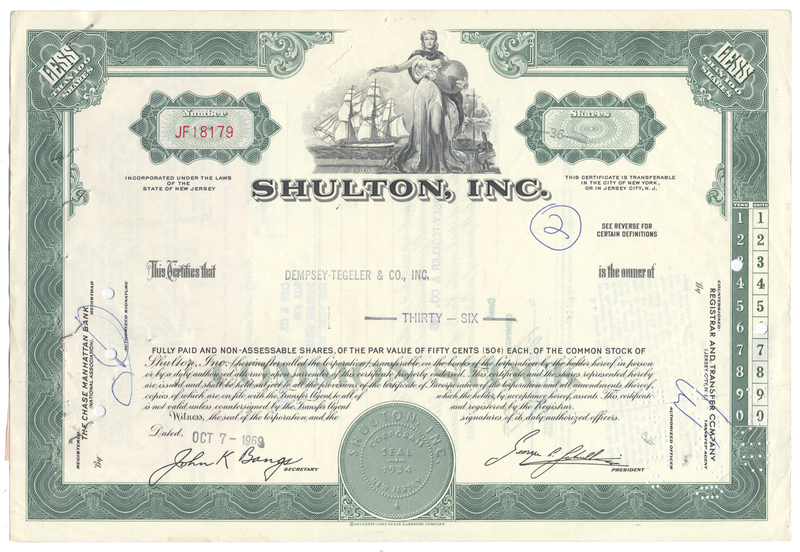 Shulton, Inc. Stock Certificate