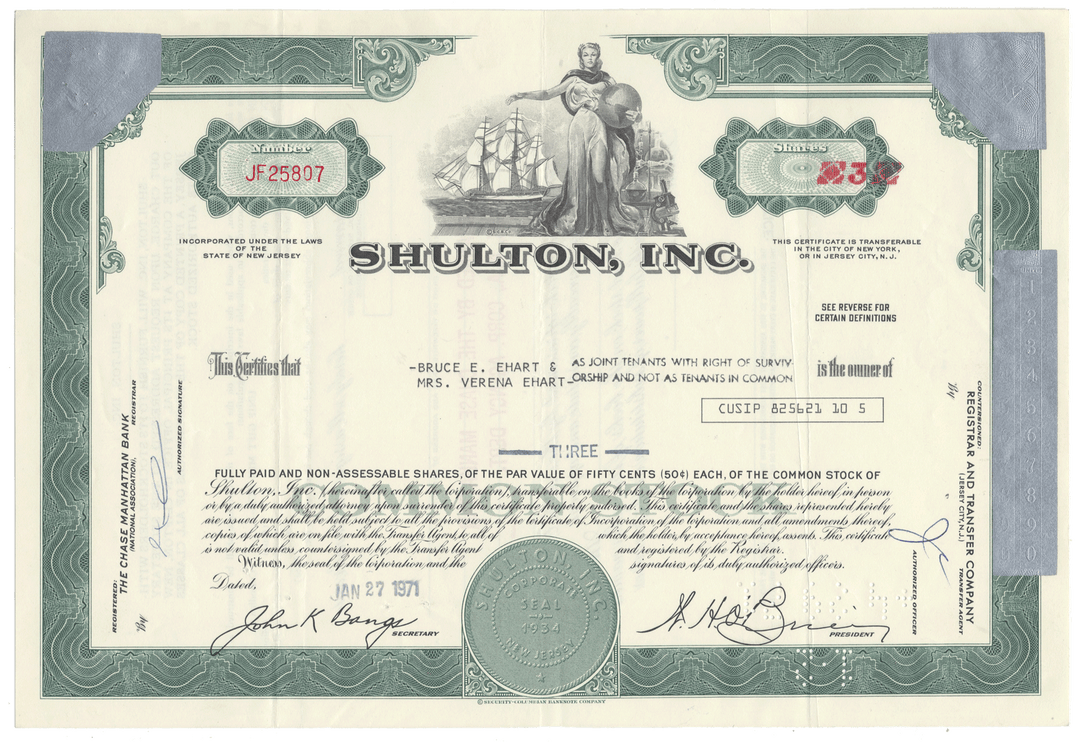 Shulton, Inc. stock certificate with decorative elements and text.