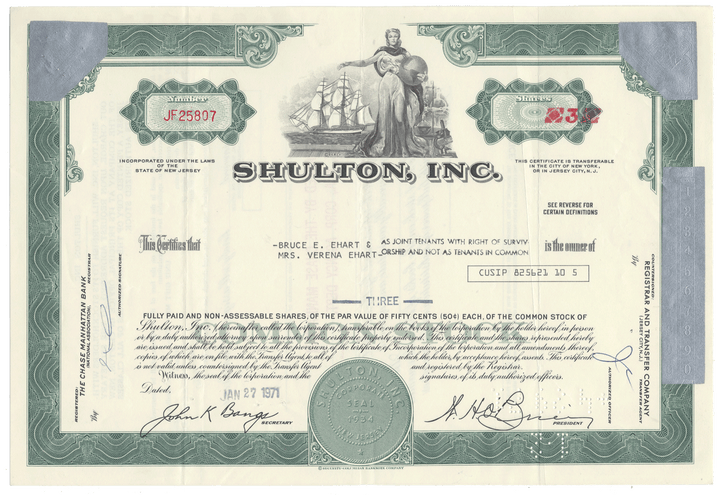 Shulton, Inc. stock certificate with decorative elements and text.