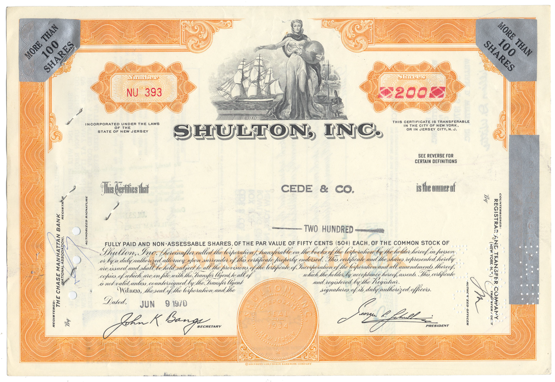 Shulton, Inc. Stock Certificate Stock Certificate