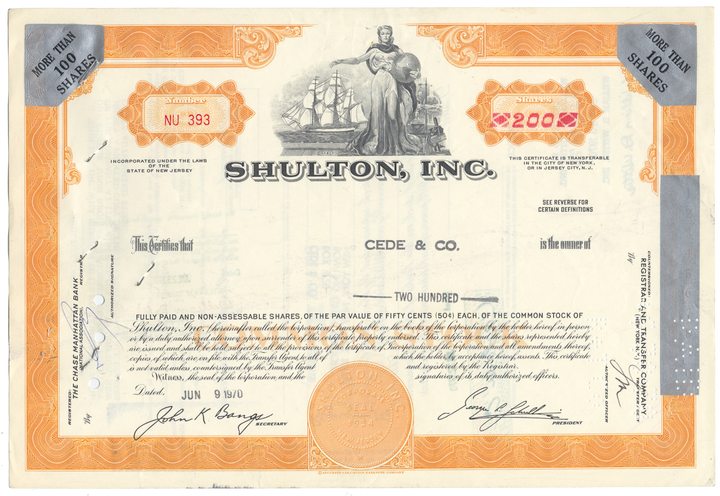 Shulton, Inc. Stock Certificate Stock Certificate