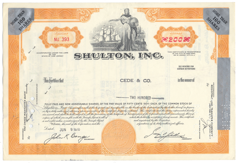 Shulton, Inc. Stock Certificate Stock Certificate
