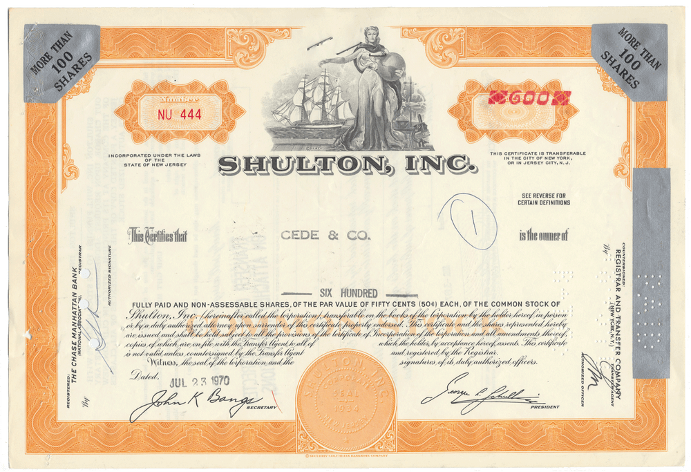 Vintage stock certificate for Shulton, Inc. with decorative elements and text.