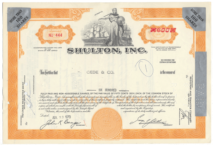 Vintage stock certificate for Shulton, Inc. with decorative elements and text.