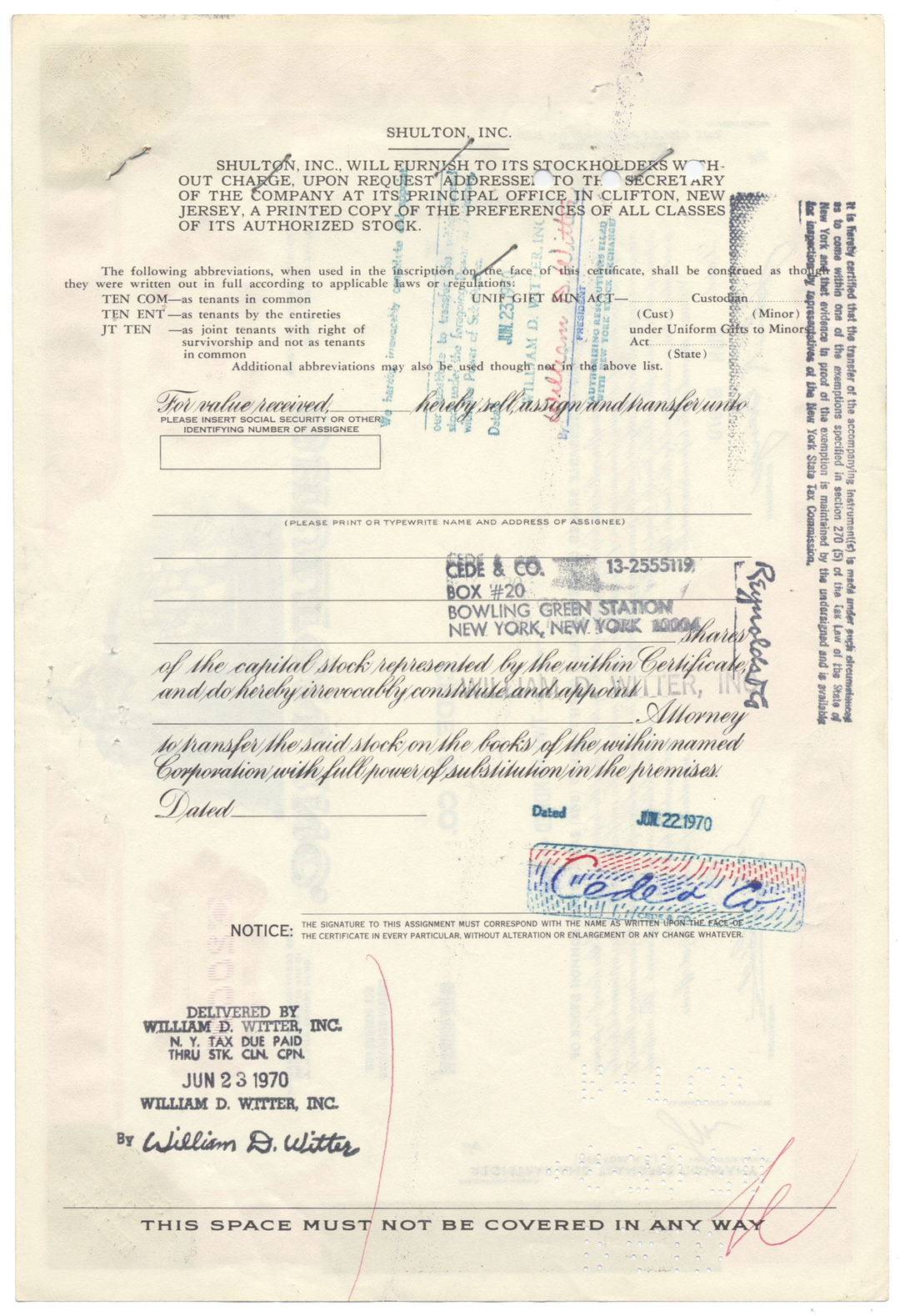 Shulton, Inc. Stock Certificate Stock Certificate