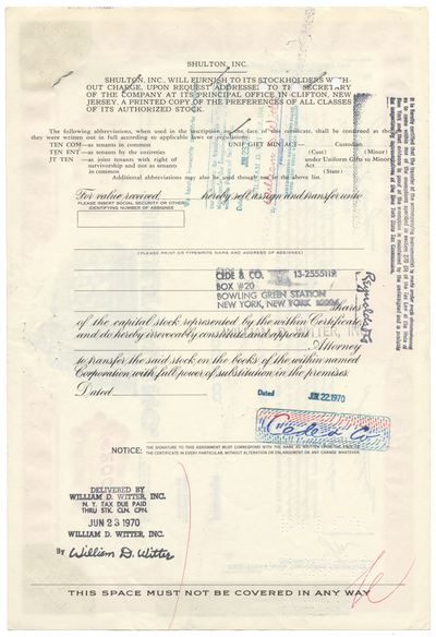 Shulton, Inc. Stock Certificate Stock Certificate
