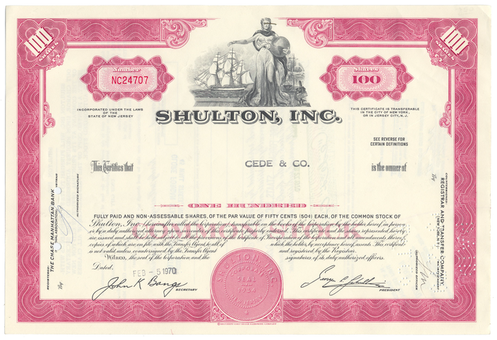 Shulton, Inc. Stock Certificate Stock Certificate