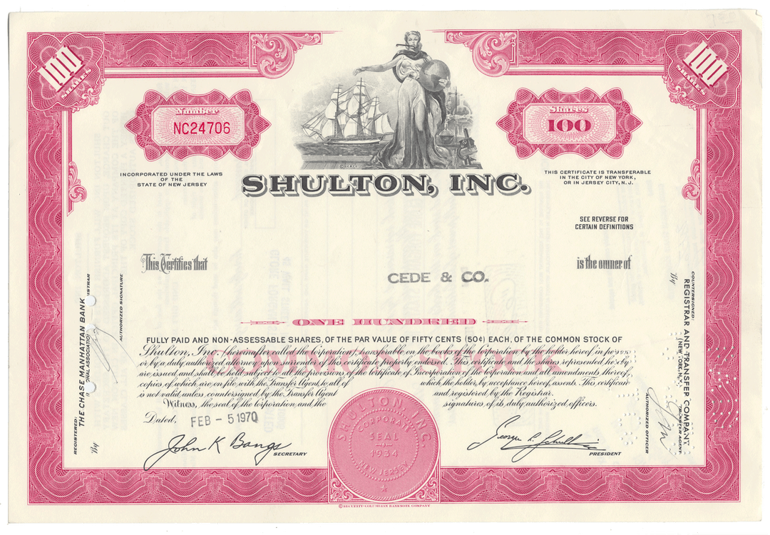 Shulton, Inc. Stock Certificate Stock Certificate