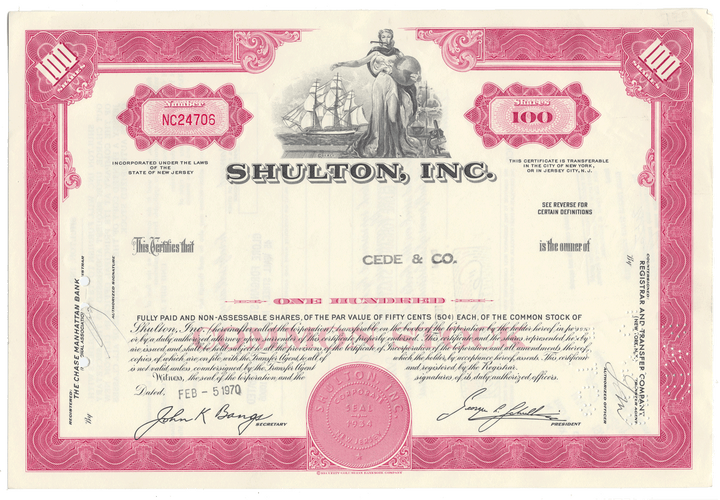 Shulton, Inc. Stock Certificate Stock Certificate