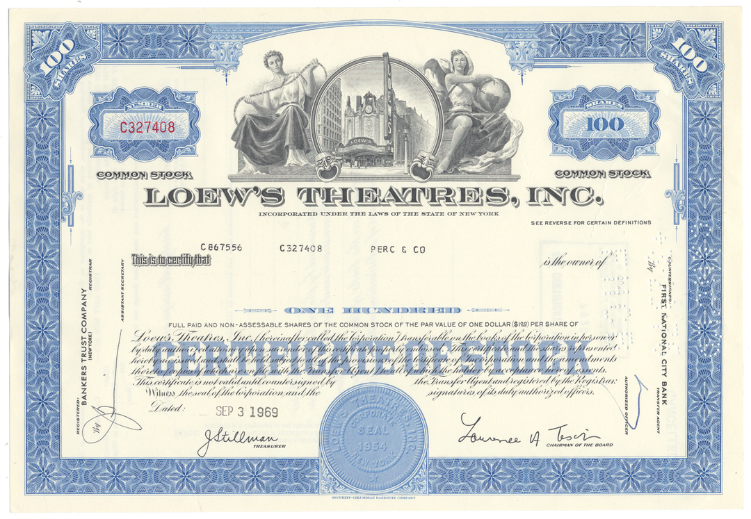 Loew's Theatres, Inc. Stock Certificate