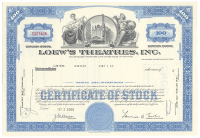 Loew's Theatres, Inc. Stock Certificate