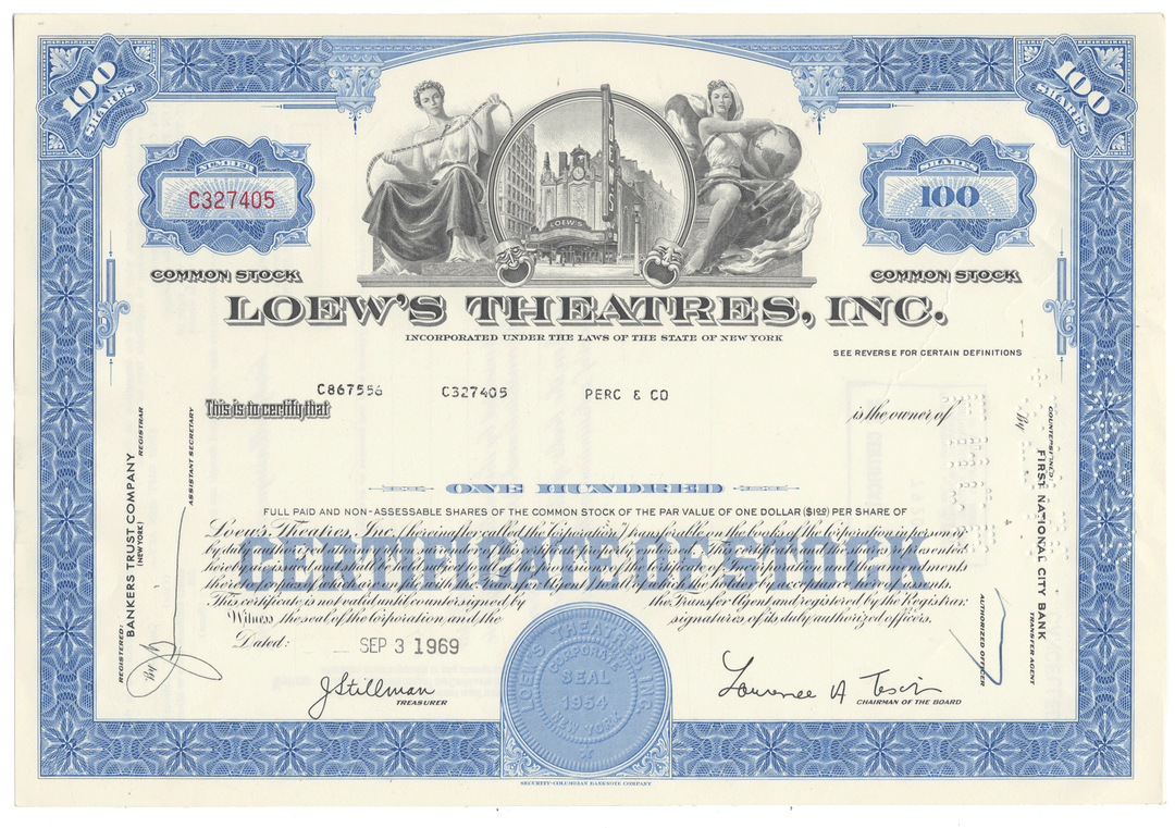 Loew's Theatres, Inc. stock certificate with blue and white design