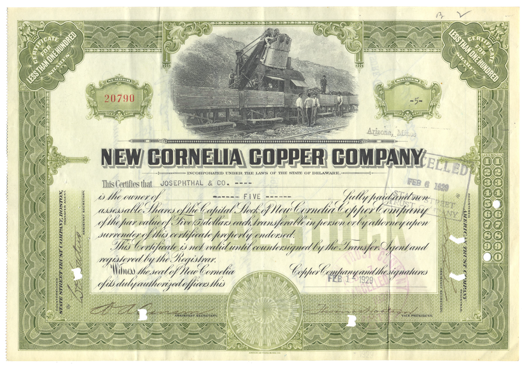 New Cornelia Copper Company Stock Certificate