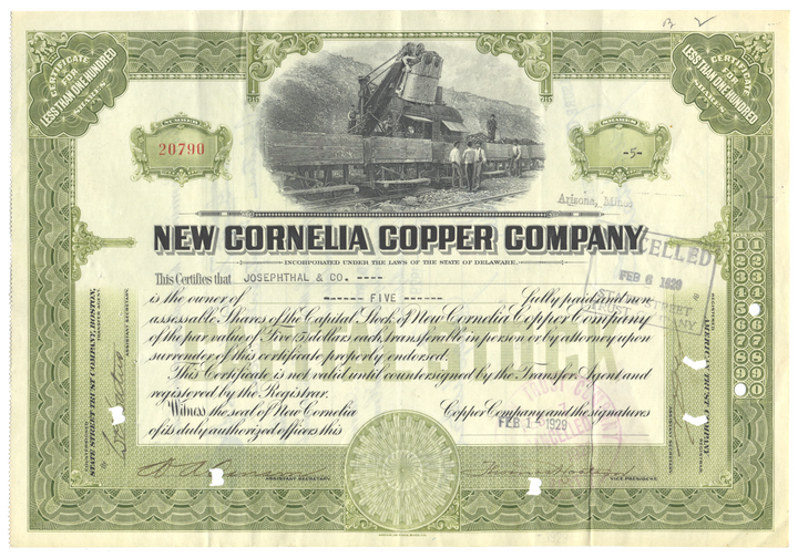 New Cornelia Copper Company Stock Certificate