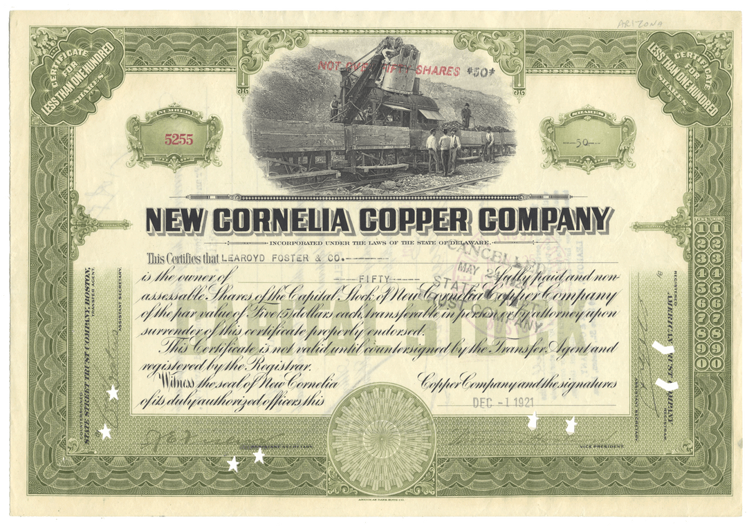 New Cornelia Copper Company Stock Certificate