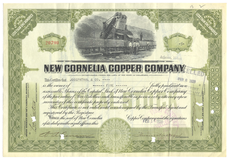 New Cornelia Copper Company Stock Certificate