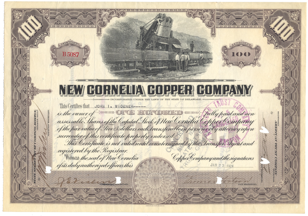 New Cornelia Copper Company Stock Certificate