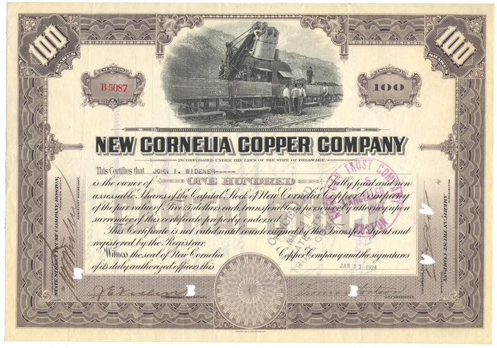 New Cornelia Copper Company Stock Certificate