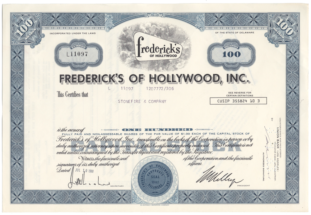 Frederick's of Hollywood, Inc. Stock Certificate