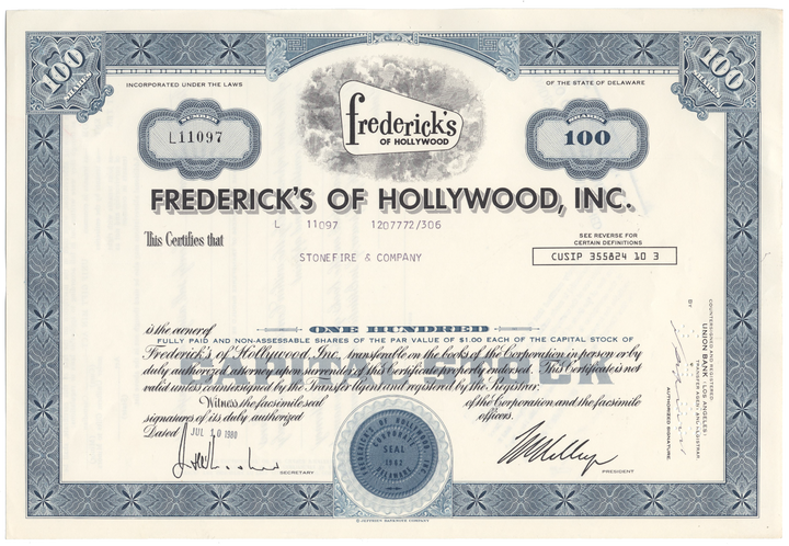 Frederick's of Hollywood, Inc. Stock Certificate