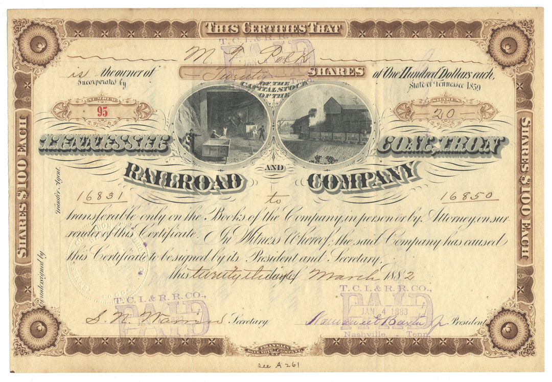 Historical stock certificate for the Tennessee Coal, Iron and Railroad Company from 1882.
