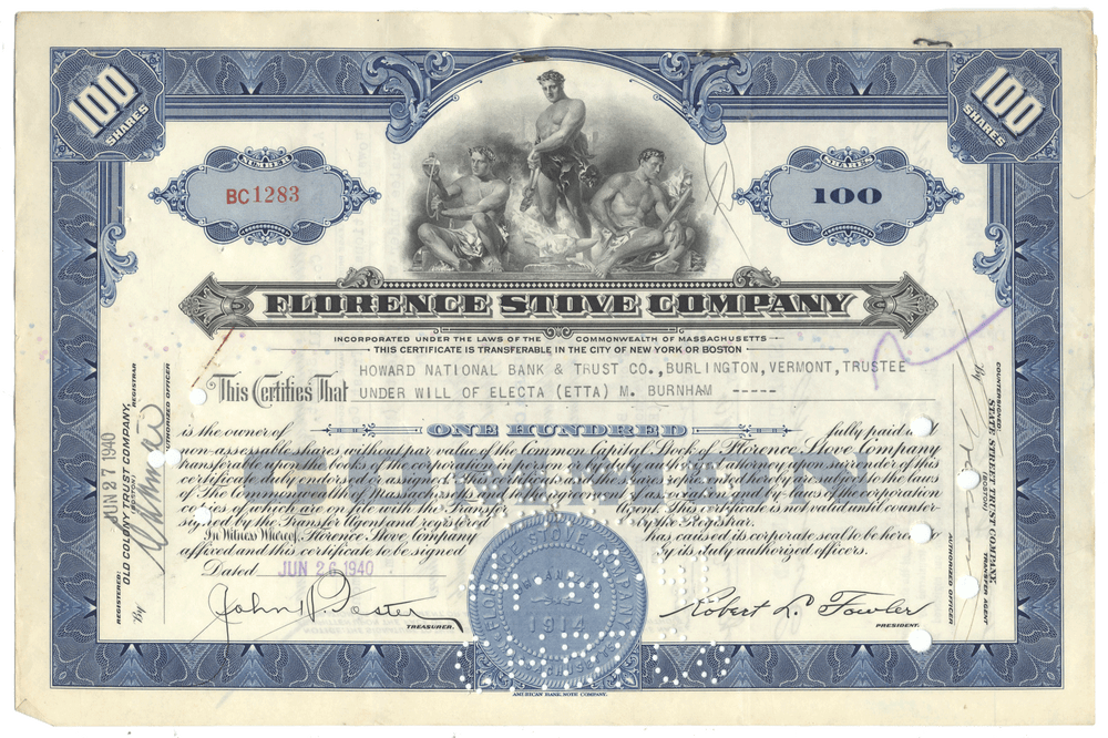 Vintage stock certificate from the Florence Stove Company with decorative elements and text.