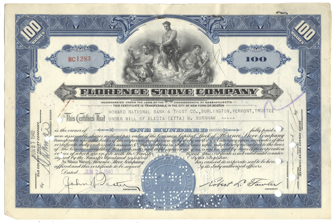 Vintage stock certificate from the Florence Stove Company with decorative elements and text.