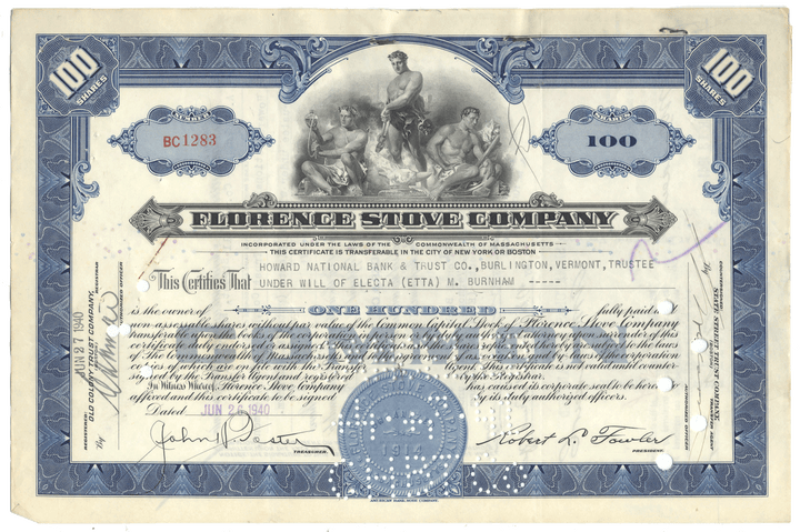 Vintage stock certificate from the Florence Stove Company with decorative elements and text.