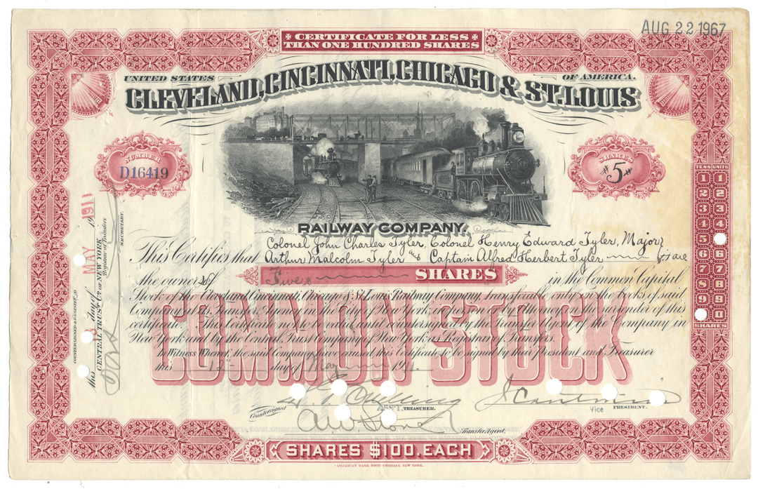 Vintage stock certificate for the Cleveland, Cincinnati & Chicago Railway Company with red and black design.
