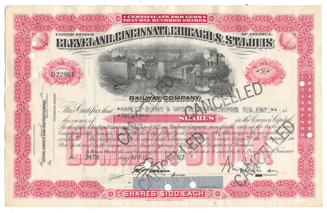 Cleveland, Cincinnati, Chicago & St. Louis Railway Company stock certificate from 1967
