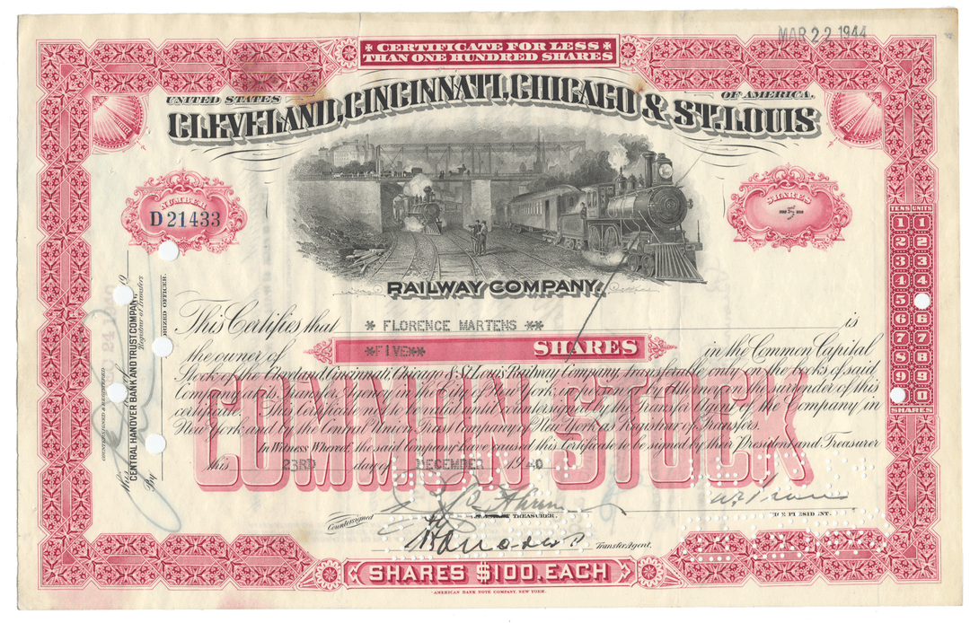 Vintage stock certificate for Cleveland, Cincinnati, Chicago & St. Louis Railway Company from 1940