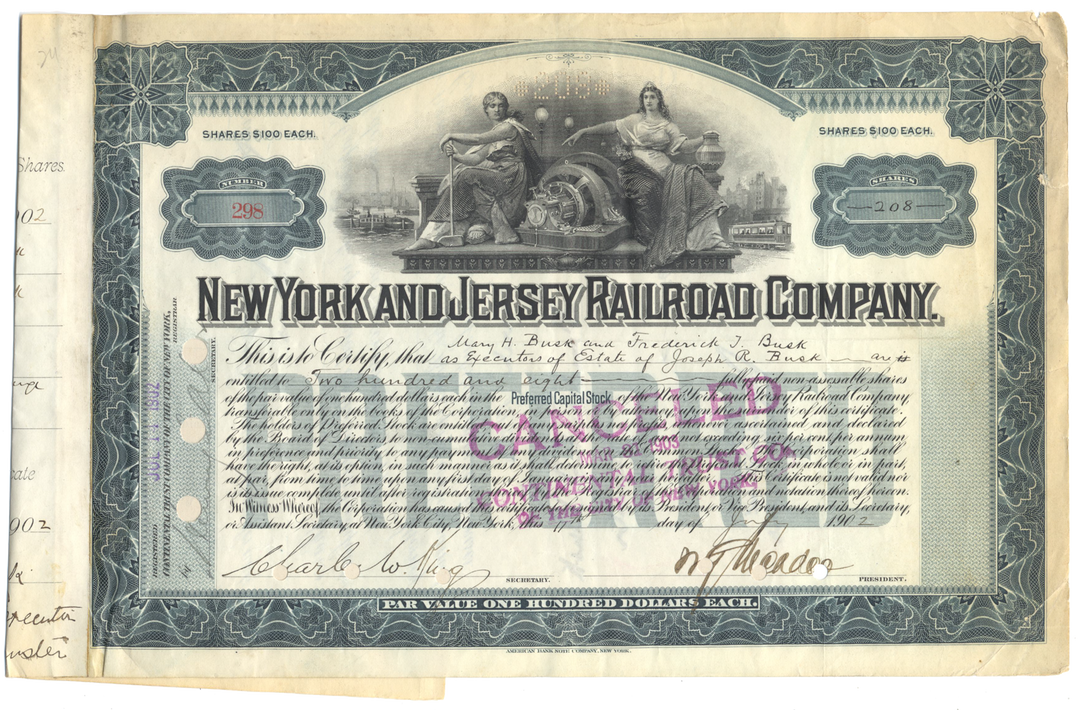 New York and Jersey Railroad Company Stock Certificate Signed by William Gibbs McAdoo