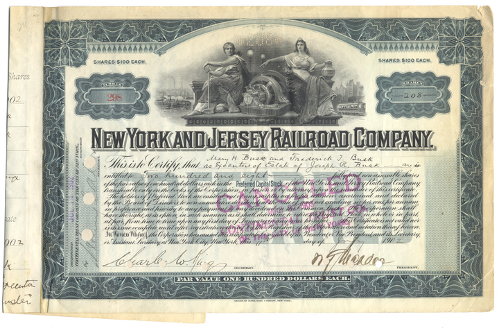 New York and Jersey Railroad Company Stock Certificate Signed by William Gibbs McAdoo