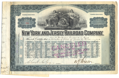 New York and Jersey Railroad Company Stock Certificate Signed by William Gibbs McAdoo