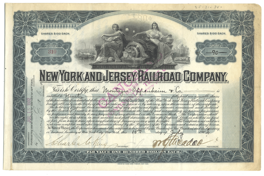 New York and Jersey Railroad Company stock certificate with decorative elements and text.