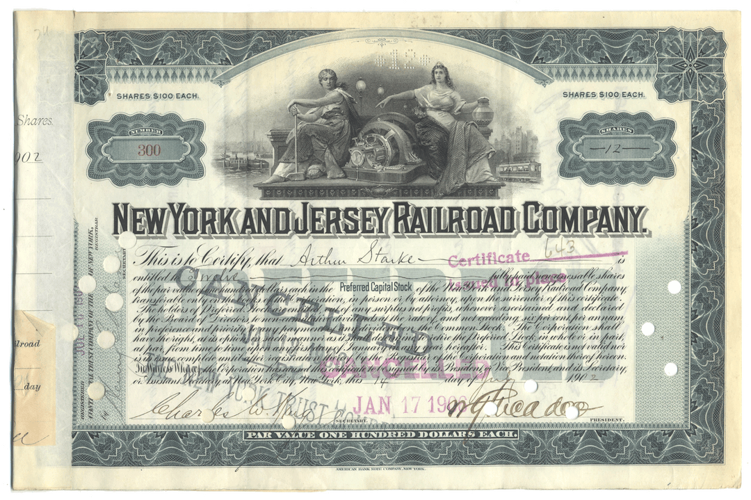 New York and Jersey Railroad Company Stock Certificate Signed by William Gibbs McAdoo