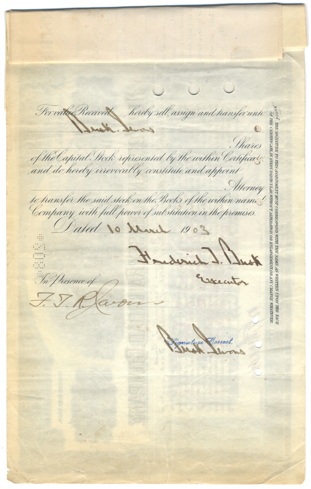 New York and Jersey Railroad Company Stock Certificate Signed by William Gibbs McAdoo