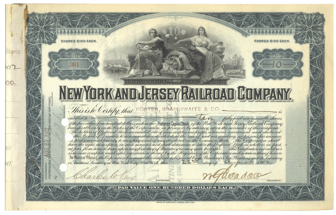 New York and Jersey Railroad Company stock certificate Signed by William Gibbs McAdoo and dated 1902