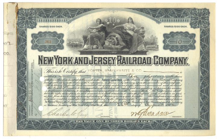 New York and Jersey Railroad Company stock certificate Signed by William Gibbs McAdoo and dated 1902